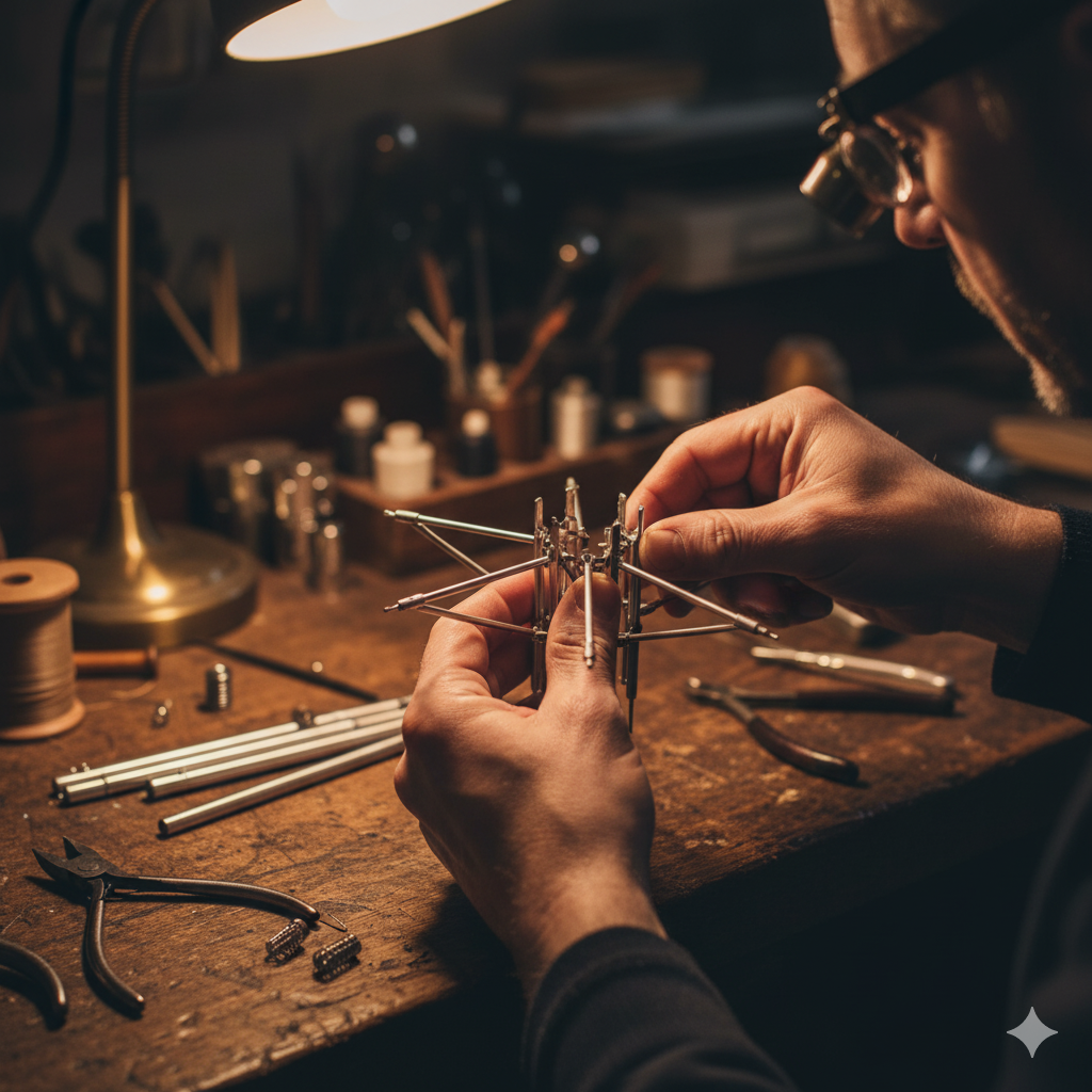 A close-up 'macro' shot of a skilled worker's hands assembling the complex rib-and-spoke frame of an umbrella.