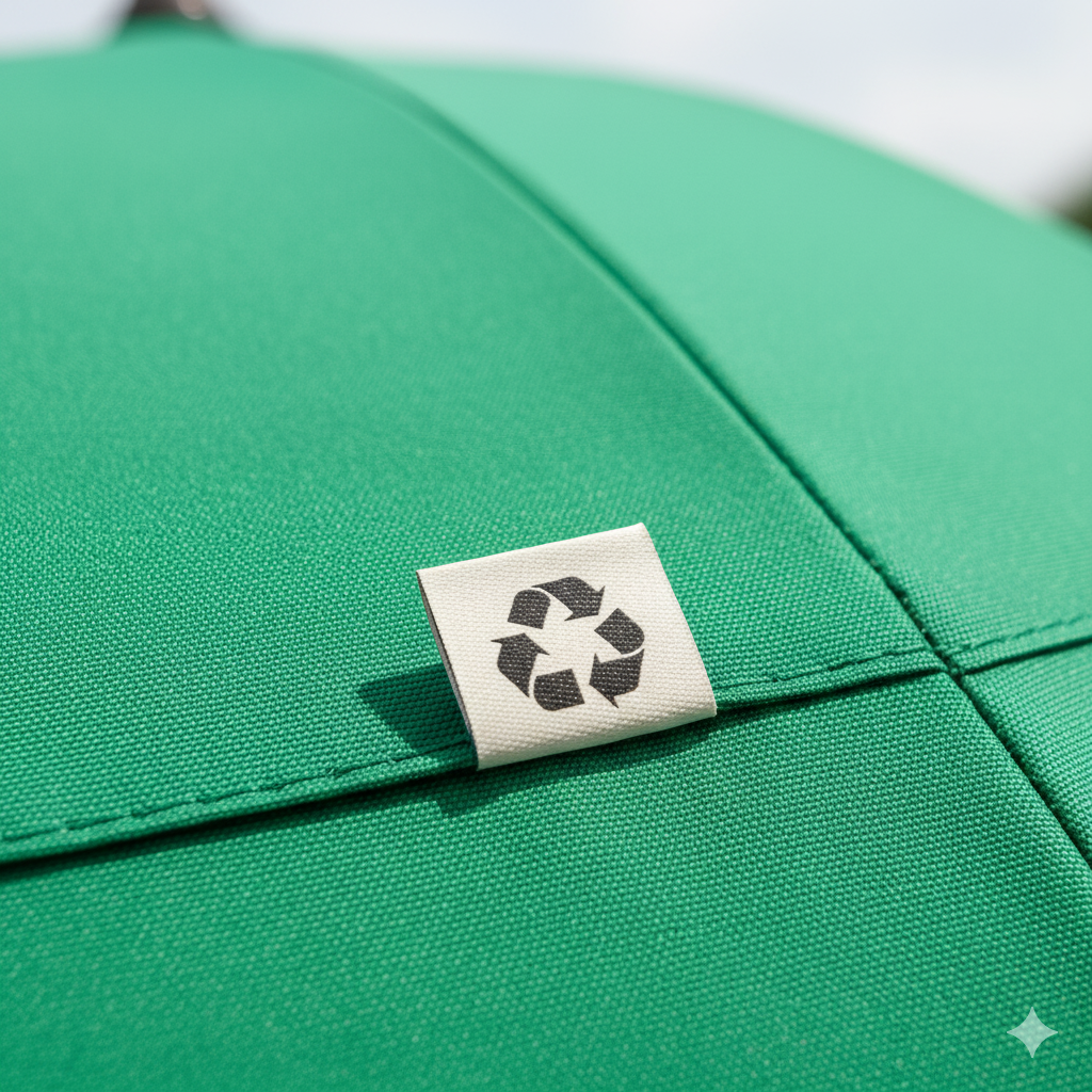 A vibrant green umbrella canopy, with a small tag showing the 'recycled' symbol (♻️) clearly in focus.
