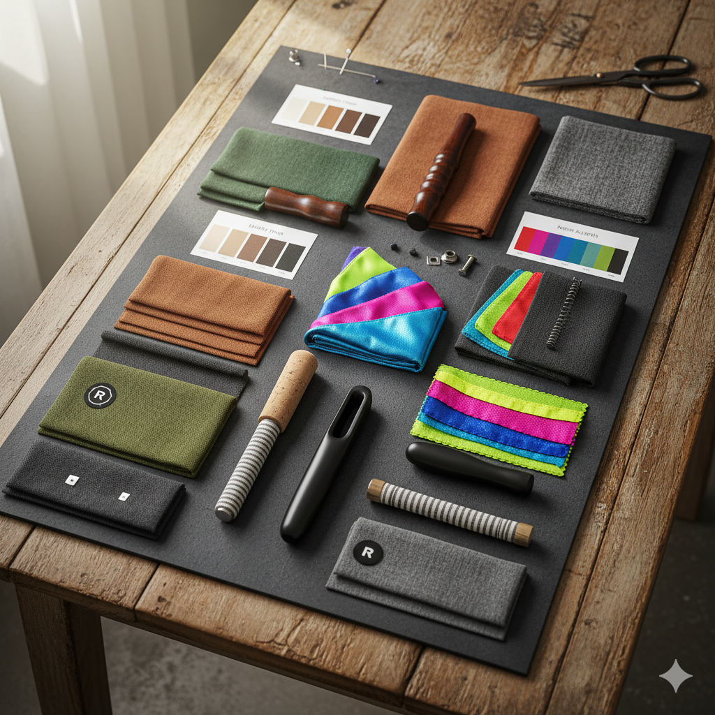 A 'mood board' style image showing fabric swatches, color palettes (e.g., earthy tones, neon accents), and different handle textures.