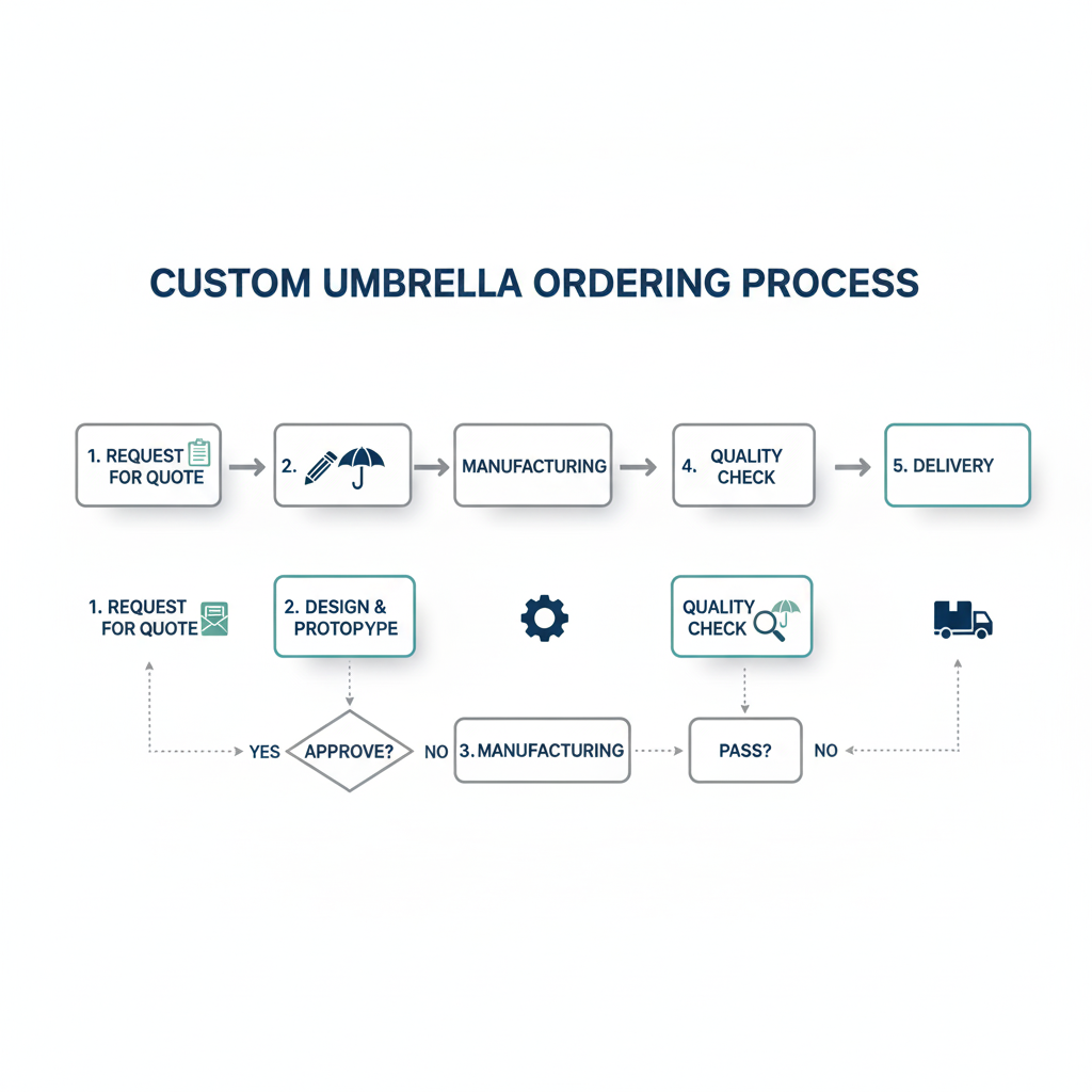 A clean, simple infographic or flowchart illustrating the ordering process from 'Request for Quote' to 'Delivery'.