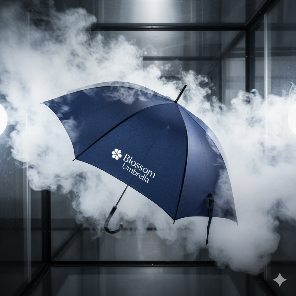 A dramatic shot of an umbrella inside a wind tunnel, with streams of smoke or water showing the wind flow around it.