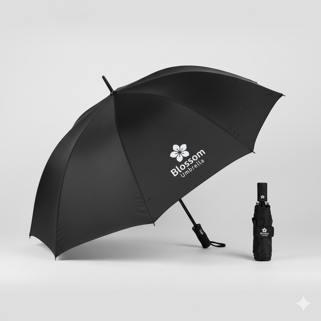 A side-by-side comparison image, showing a large golf umbrella next to a small, folded compact umbrella.