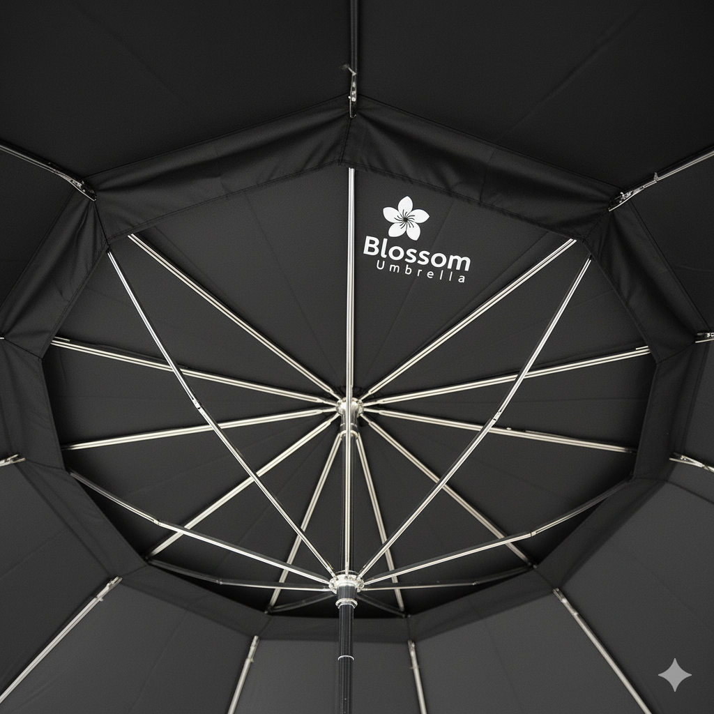 A close-up, bottom-up view of an open umbrella, highlighting the 'vents' or overlapping layers of the canopy.