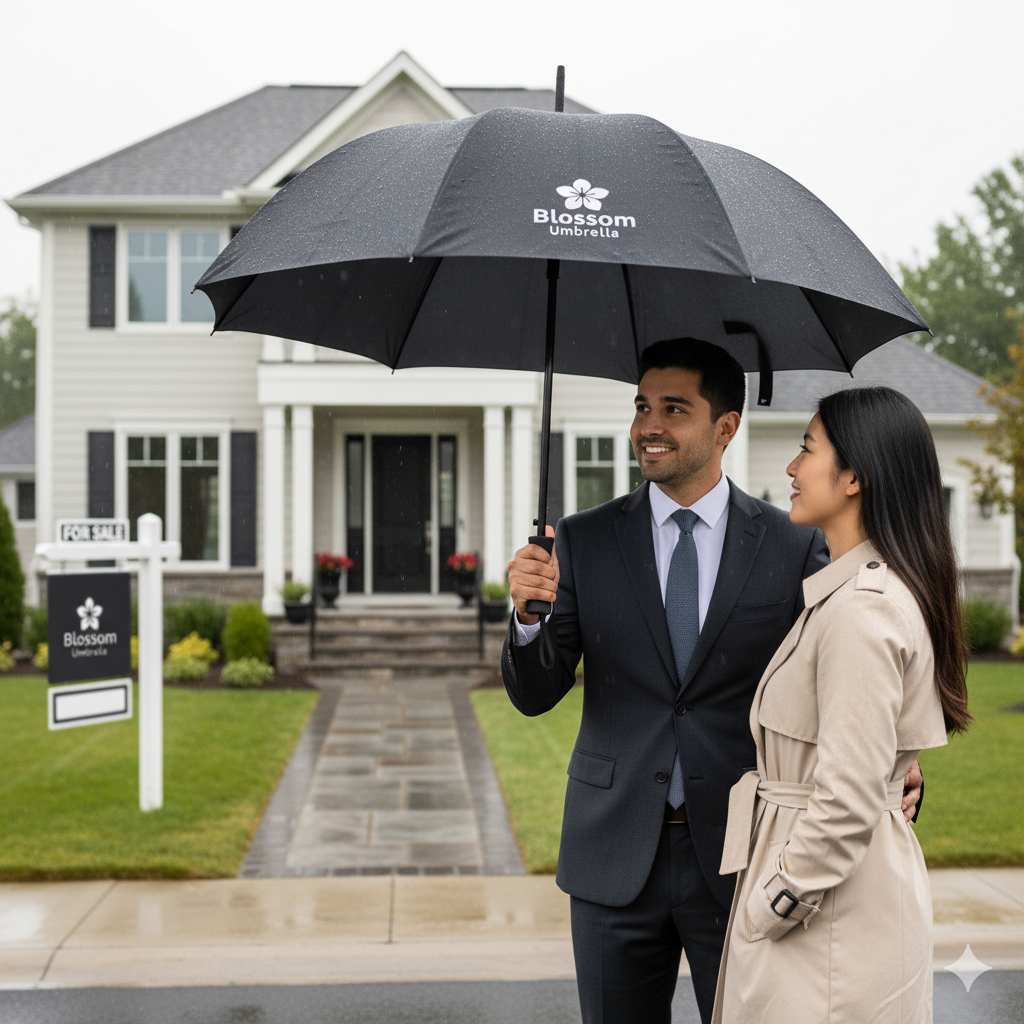 A professional photo of a real estate agent holding a branded umbrella for a client in front of a beautiful home.